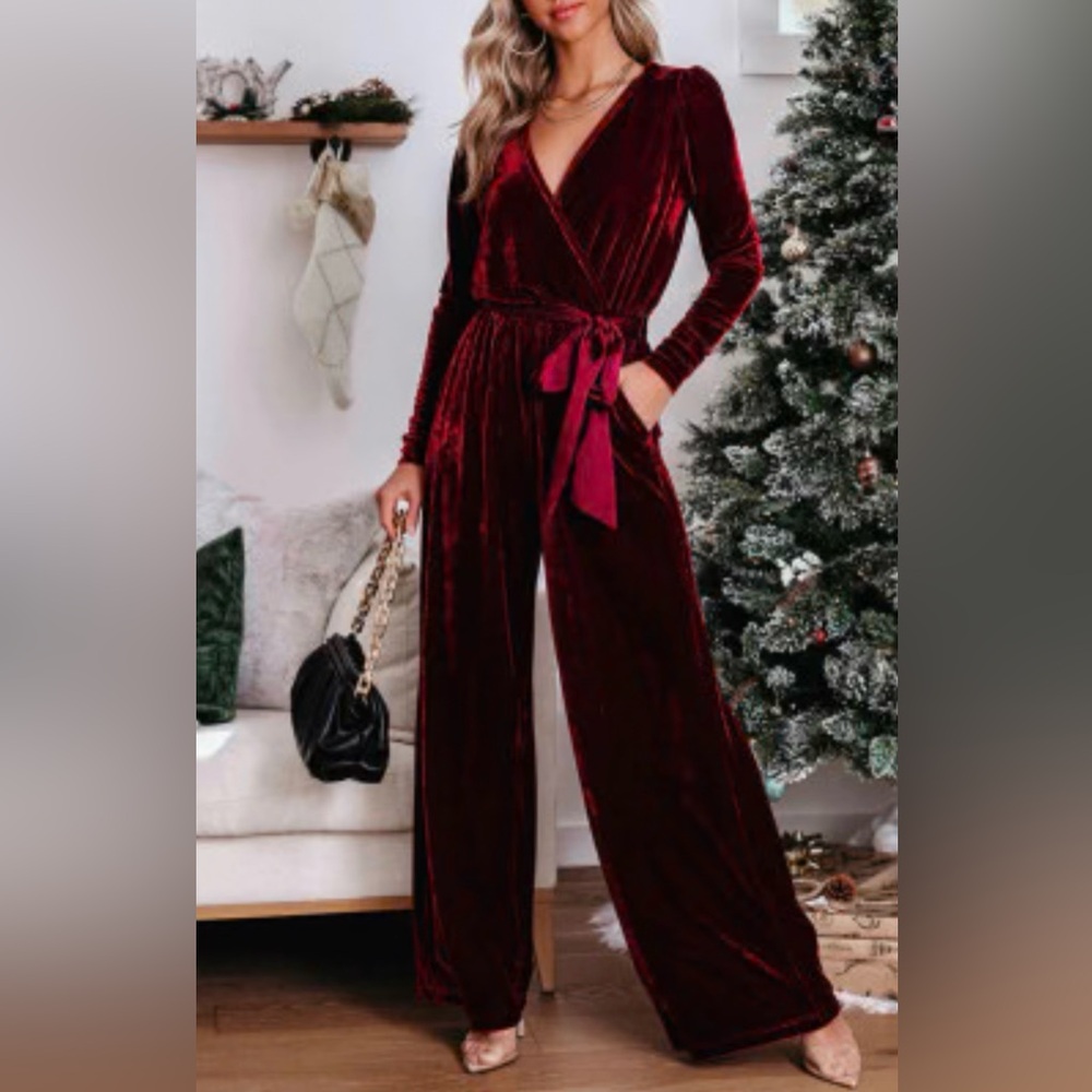 Elegant Burgundy Velvet Jumpsuit